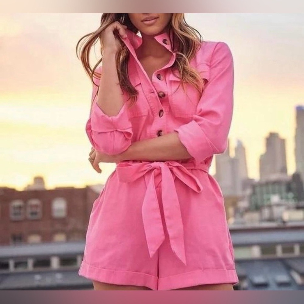 Vibrant Pink Romper with Collared Neckline and Sash